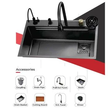 Futura Nano 304-Grade Kitchen Sink with Integrated Waterfalls, Pull-out Faucet & RO Tap (30 x 18 x 9 inches)